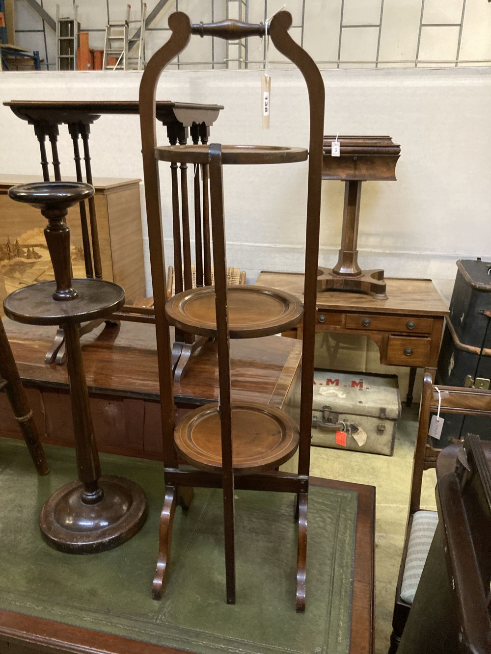 An Edwardian folding cake stand, a beech bar stool and a smokers stand